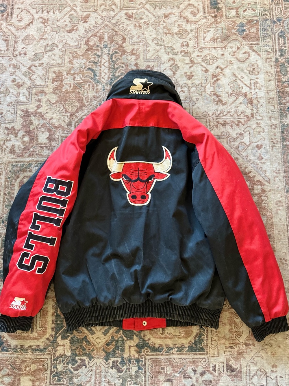 Vintage Black STARTER Chicago Bulls Black and Red Varsity Jacket